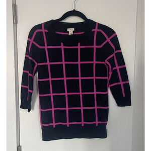 J.Crew Women's XS 100% Merino Wool Black Pink Windowpane 1/4 Sleeve Sweater